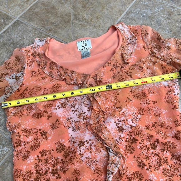 Y2K i e Orange Floral Silk Tunic Fairy Feminine Chiffon Ruffle Top Medium - Picture 10 of 13